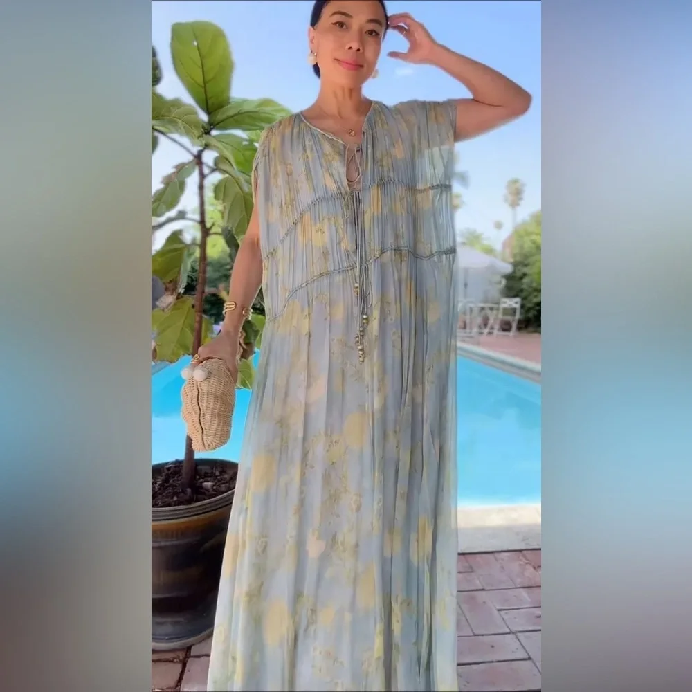 Bohemian Tie-Front Maxi Dress in Sage with Gold Floral - Picture 10 of 15